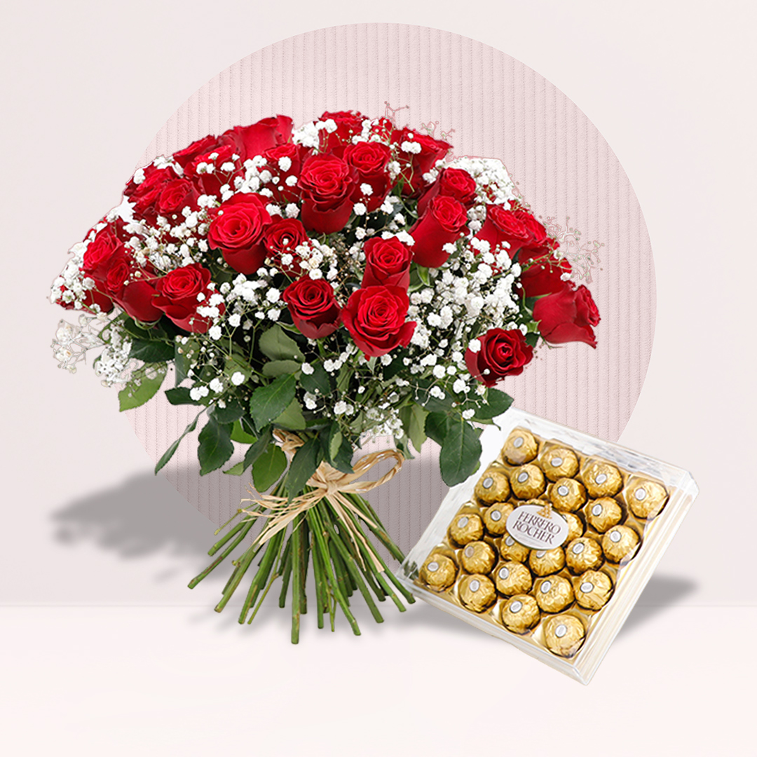 Buy 25 Red Roses Bouquet Online with Ferrero Rocher Chocolate