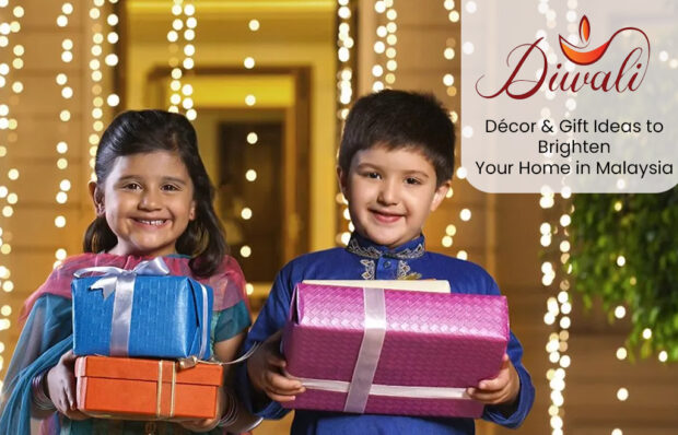 deepavali decor banner two childrens holding present