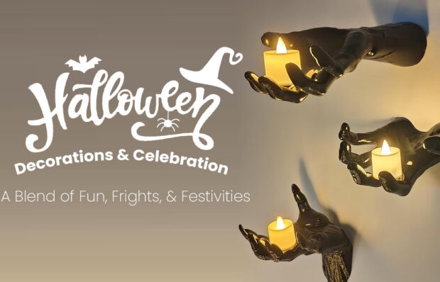 A Halloween banner with the text "Halloween Decorations & Celebration: A Blend of Fun, Frights, & Festivities." The banner features three black hands holding candles against a beige background.